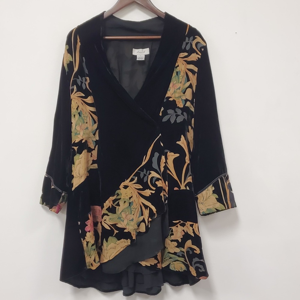 Aris A Silk Velvet Burnout Kimono Jacket Size M Dark Sultry Artsy Topper Wrap